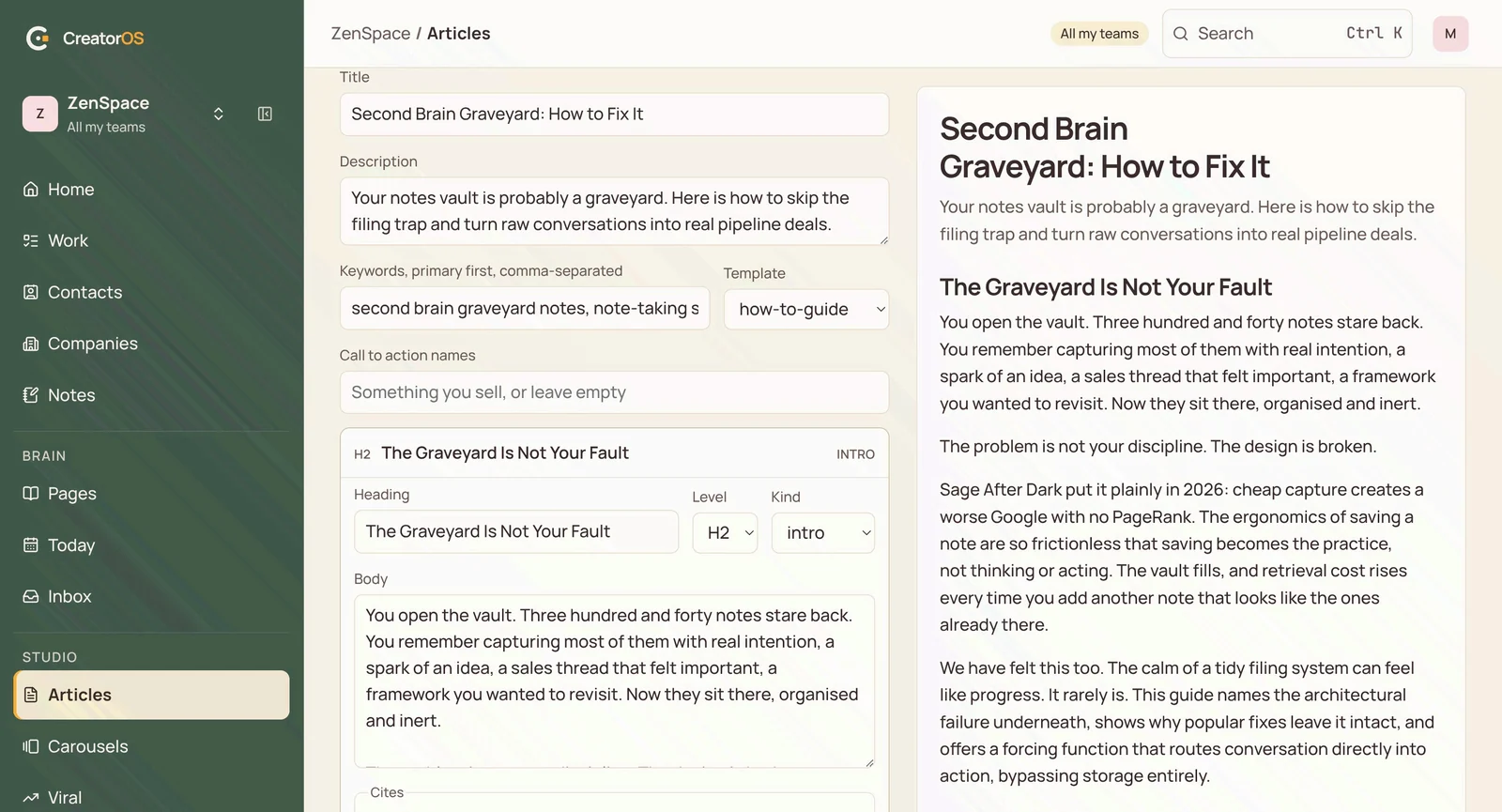 Custom article-writing workspace with a live editorial preview