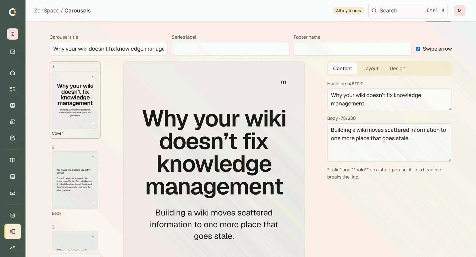 Custom carousel studio with a visual social-post editor