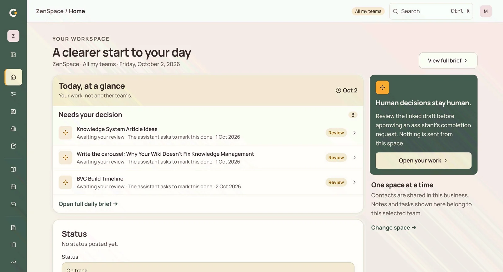 Custom operations workspace with a daily decision queue and human review panel