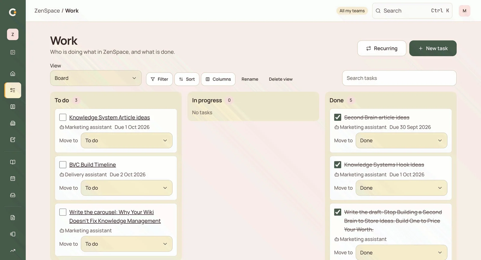 Custom work board with visible ownership and task status